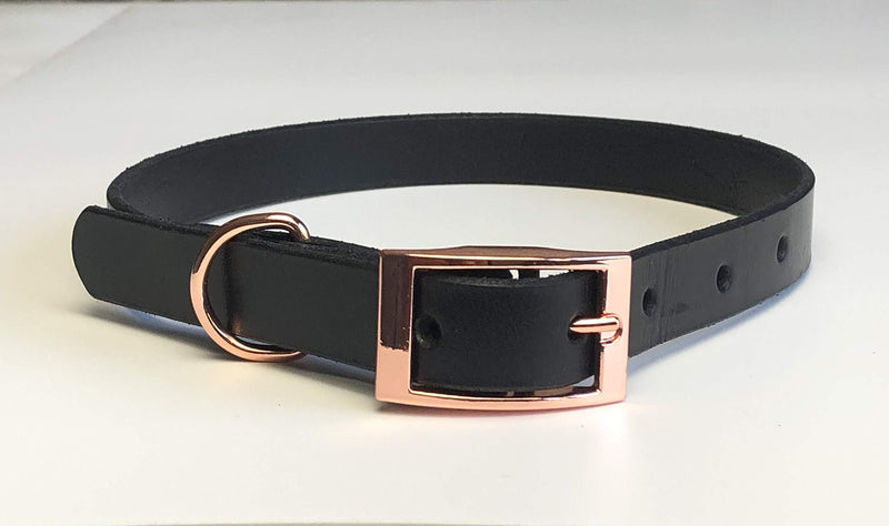 BLACK ITALIAN BRIDLE LEATHER LUXURY HANDMADE DOG COLLAR MEDIUM 16"-20" 40CM-50CM WITH ROSE GOLD ACCESSORIES - PawsPlanet Australia