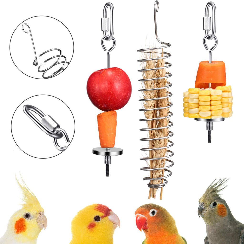 3 Pieces Bird Food Holder Stainless Steel Parrot Hanging Vegetable Fruit Feeder Bird Treat Skewer Include 2 Pieces Small and Large Fruit Fork and a Food Basket, Parrot Foraging Toy - PawsPlanet Australia