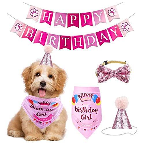 Dog Cat Birthday Cone Hat and Triangle Scarfs Party Decorations Set, Lovely Pet Soft Bandana Hat Banner Bow Tie Party Accessory Set Birthday Party Supplies Cute Outfit for Puppy Dog Cat Birthday Decor Pink - PawsPlanet Australia