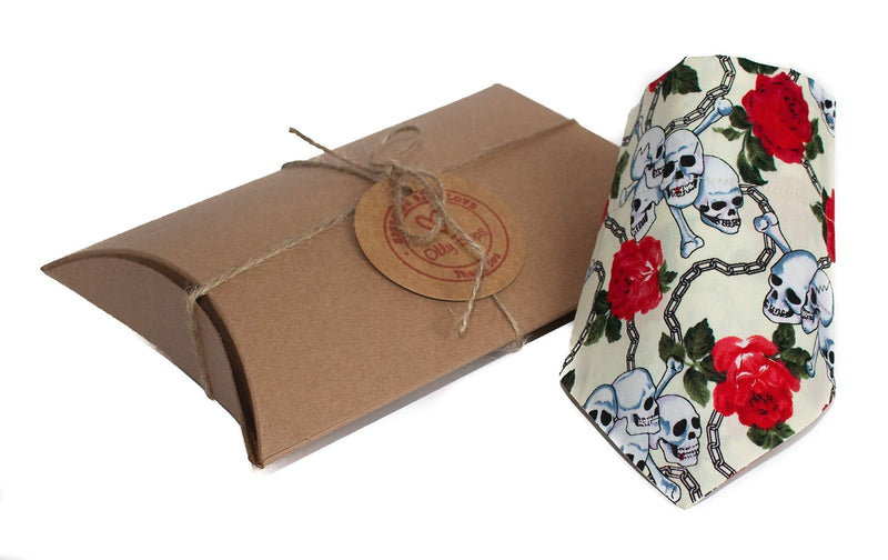 Olly Bops Hand Made Dog Bandana Chained to Eternity Skulls and Roses design in Gift Box - Cream (M/L) M/L - PawsPlanet Australia
