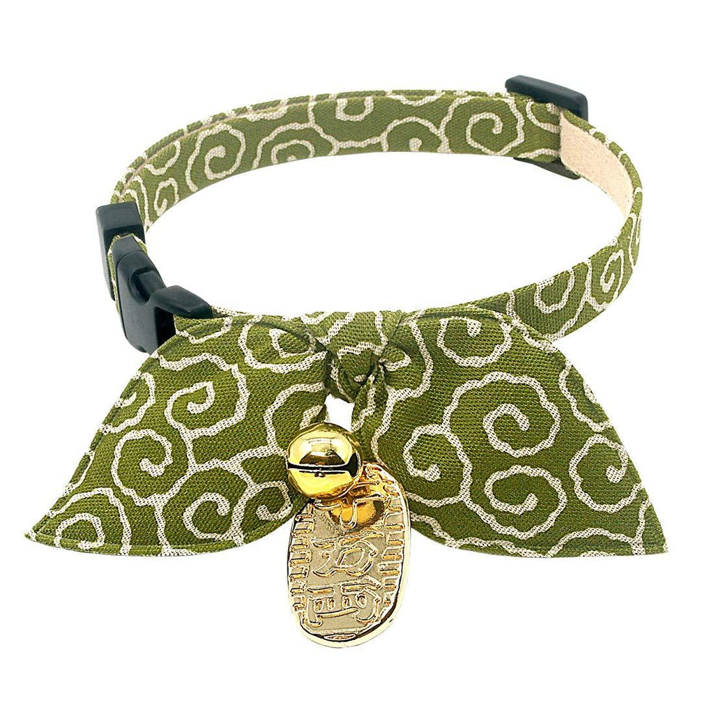 PetSoKoo Bunny Ears Scarf Bowtie Cat Collar.With Bell and Coin Charm.Unique Oriental Style.100% Cotton.Safety Breakaway Buckle Small (6-9.5 inch,16-24cm) Green - PawsPlanet Australia