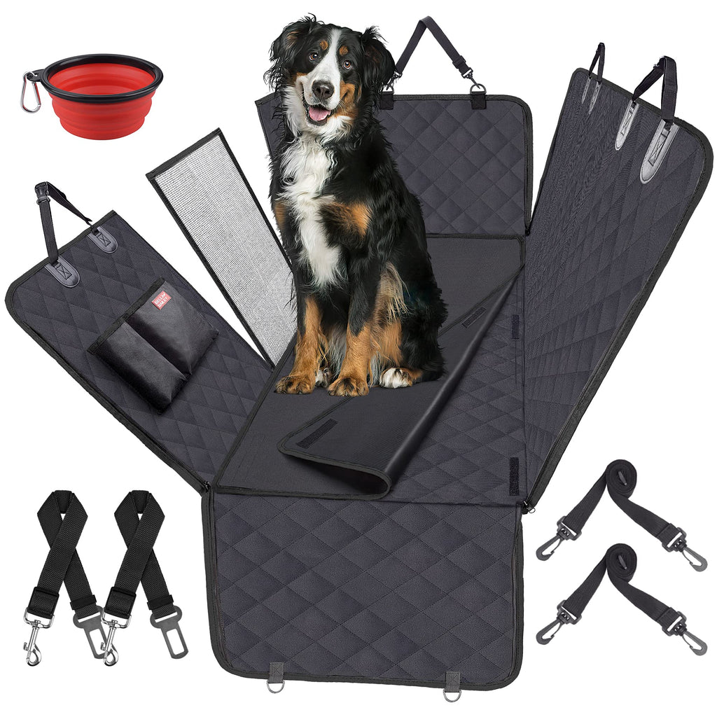 bellabailey Dog Car Seat Cover Waterproof with Mesh Window,1 Removable Pad, 2 Dog Seat Belts Machine Washable - Dog Back Seat Cover Scratch Proof Nonslip Hammock for Cars/Trucks/SUVs(Black) Black-black - PawsPlanet Australia