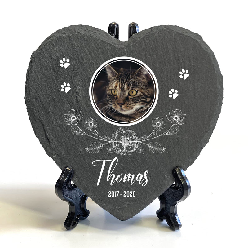 TULLUN Personalised Memorial Heart Shape Plaque + Stand For Pet Cat Dog Slate Stone Frame Paw Grave Marker - Floral - Size | 4" x 4" or 10 x 10 cm| - PawsPlanet Australia