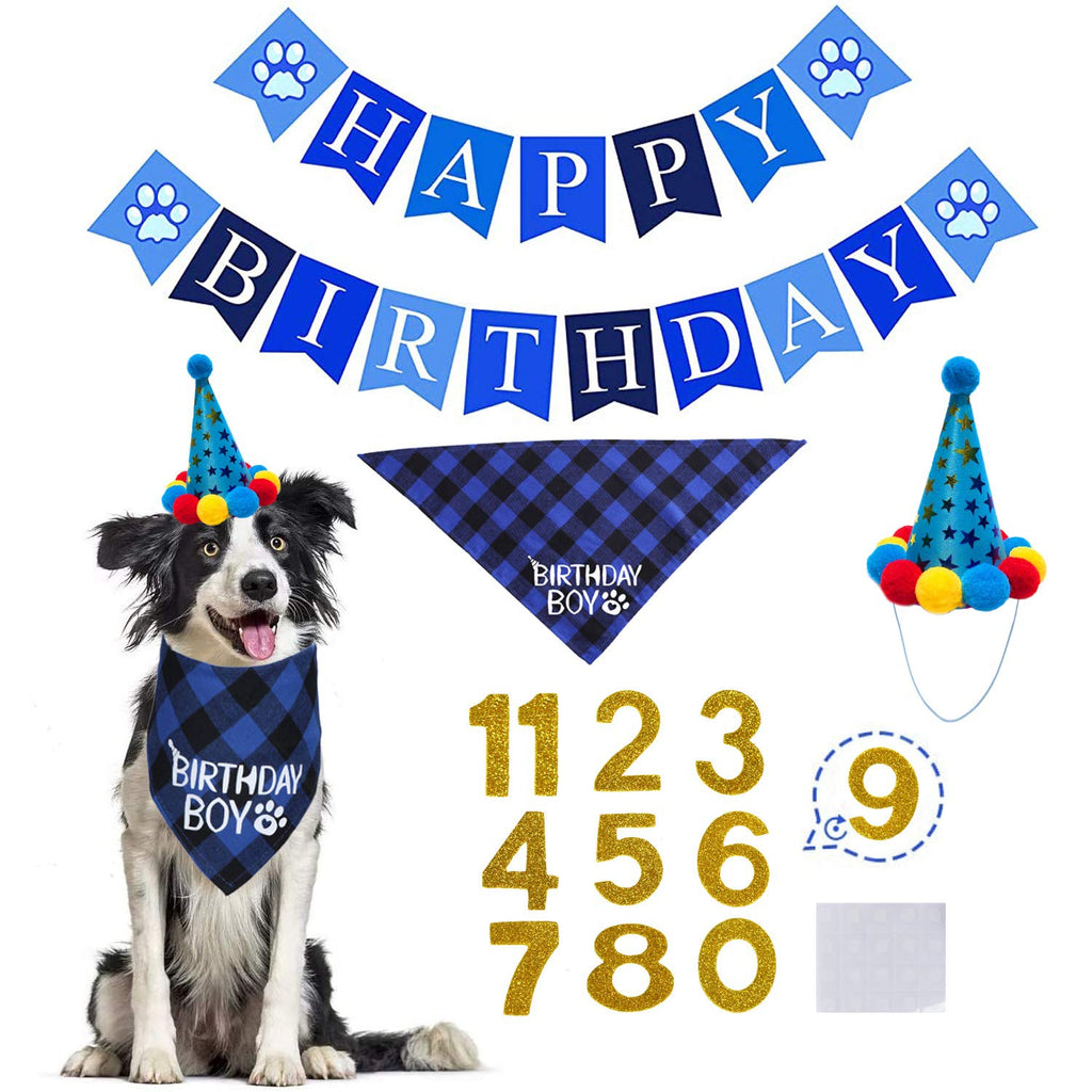 STMK Dog Birthday Bandana, Dog Birthday Party Set, Dog Birthday Boy Bandana Triangle Scarf with Cute Dog Birthday Number Hat Dog Birthday Banner for Dog Birthday Party Supplies (Blue) Blue - PawsPlanet Australia