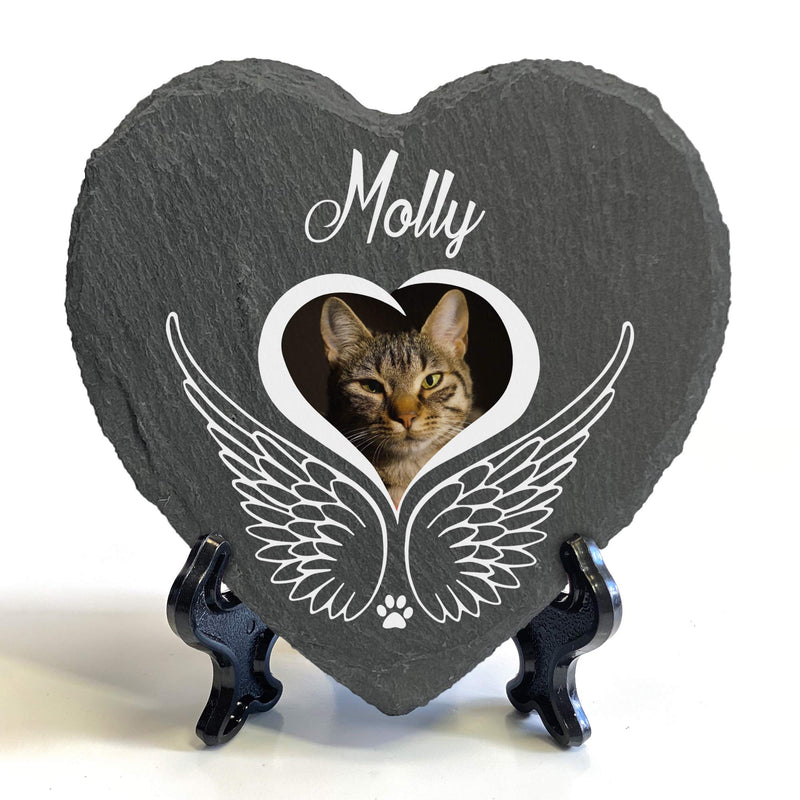 TULLUN Personalised Memorial Large Heart Shape Plaque + Stand For Pet Cat Dog Slate Stone Frame Paw Grave Marker - Angel Wings - Size | 9.8" x 9.8" or 25 x 25 cm| - PawsPlanet Australia