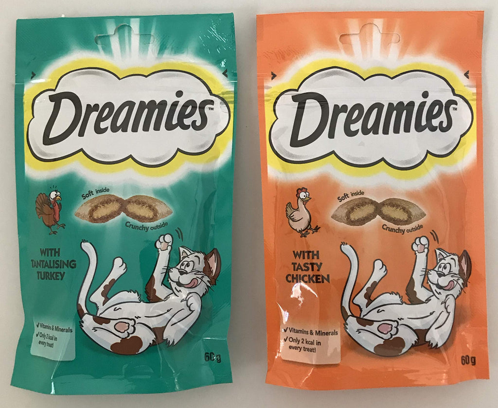 Dreamies Cat Treats Bundle - 2 Flavours - Tantalising Turkey and Tasty Chicken 60g (one of each) - PawsPlanet Australia