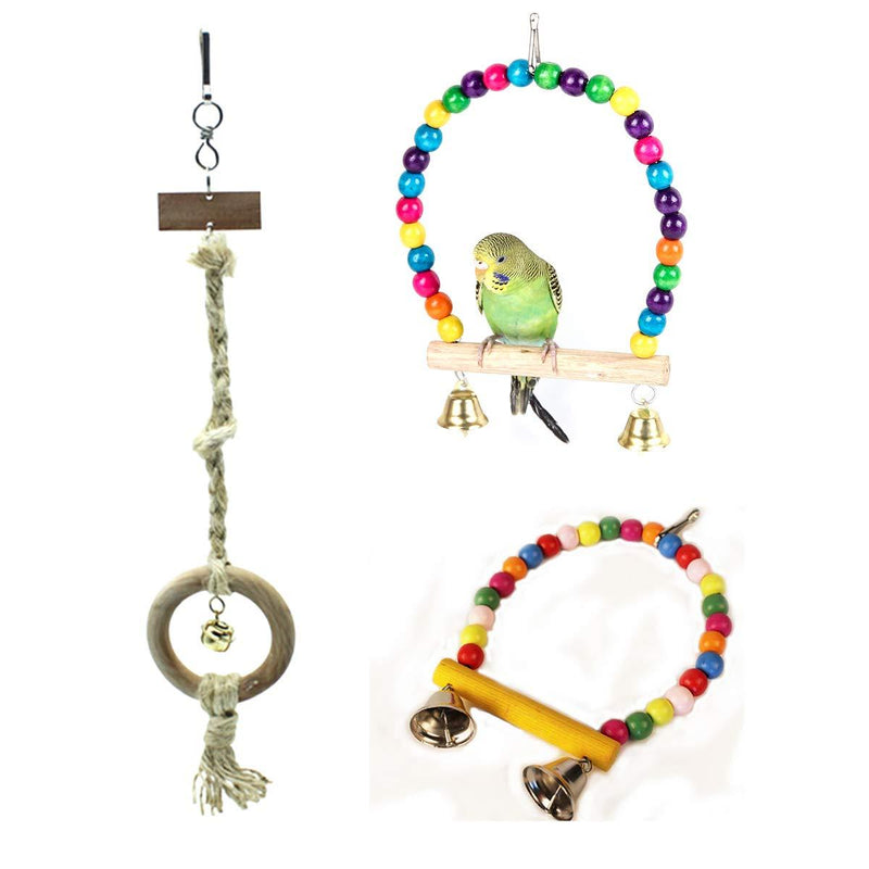 Yueser Bird Rope Toy, 3 Pieces Bird Perch Wooden Ring Parrot Bird Toys with Bell for Small and Medium Parrot Love Birds (2 Styles) - PawsPlanet Australia