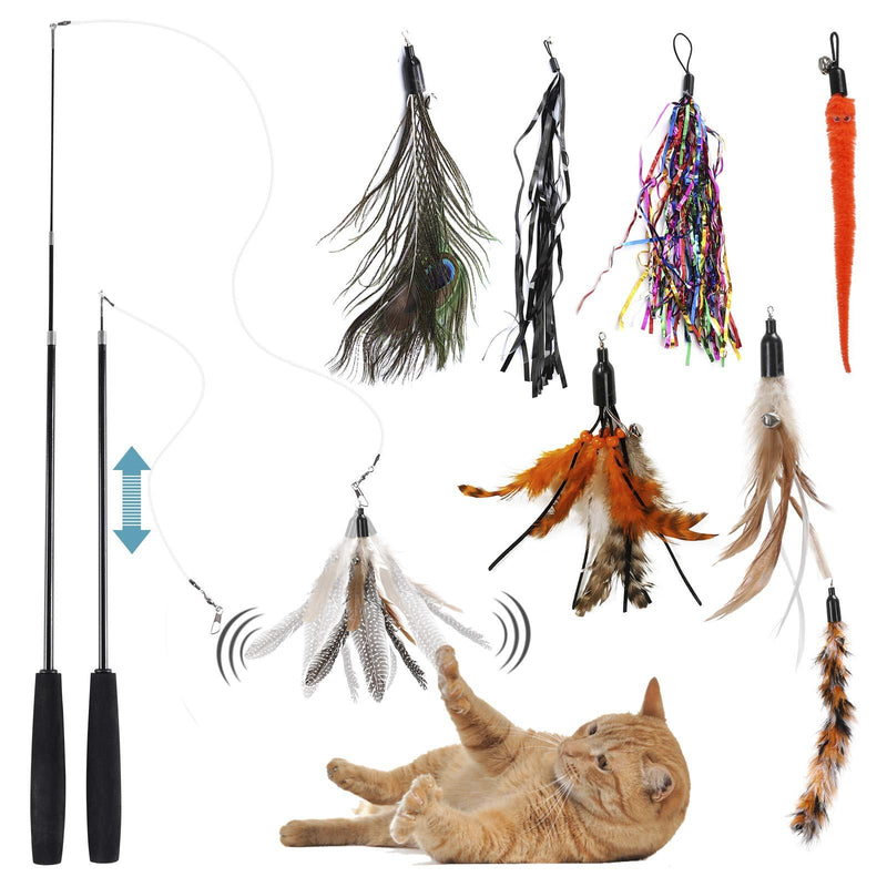 HAPPY HACHI Cat Feather Toys Interactive, 10 Piece Toy Set with Retractable Teaser Wands and Colourful Feather Refills with Bells for Indoor Cat and Kitten Catcher Black - PawsPlanet Australia