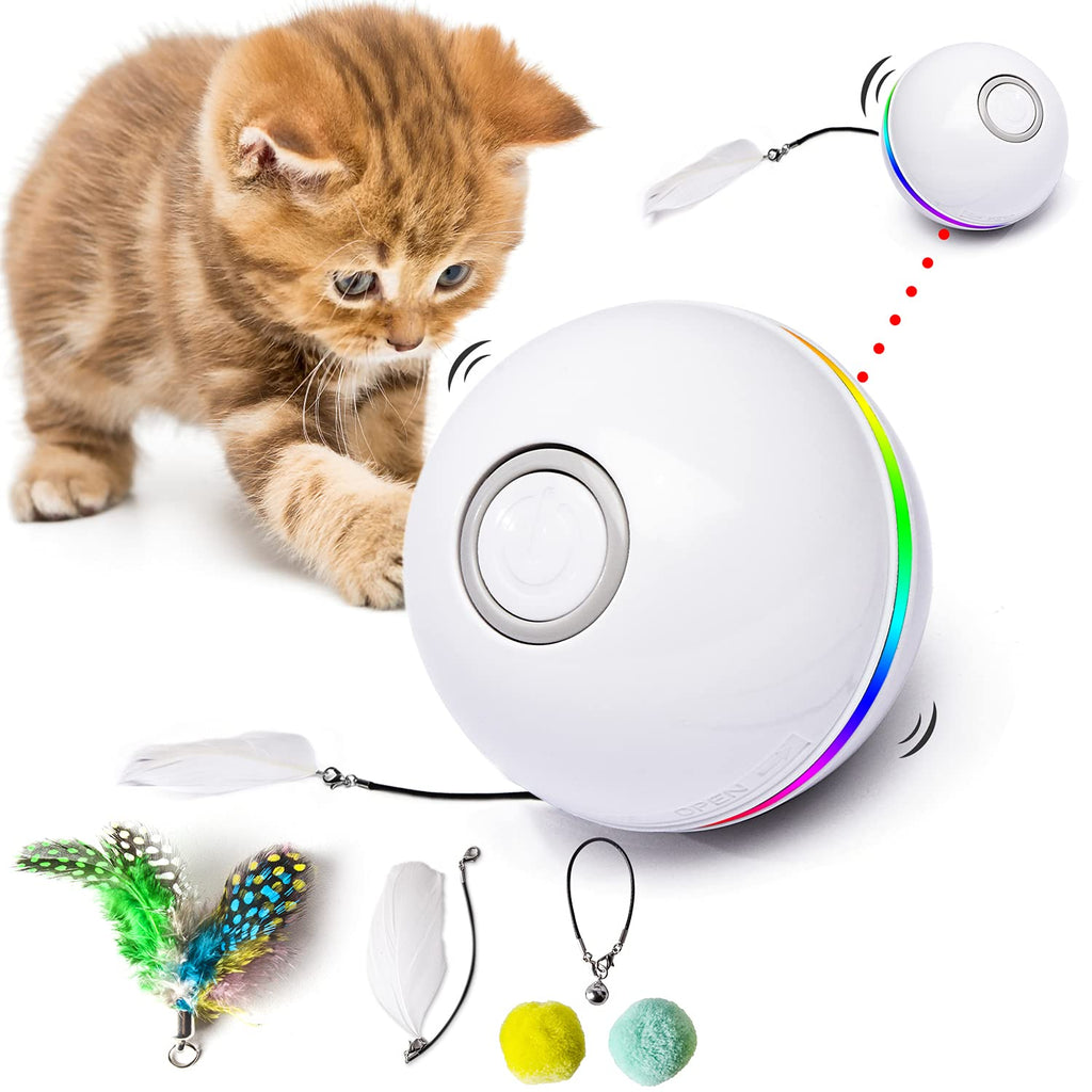 Fairwin Cat Toys for Indoor Cats, Interactive Cat Toy Ball with LED Light and Catnip Toys for Cats Kitten Funny Chaser Roller Auto 360 Degree Self-Rotating & USB Rechargeable White - PawsPlanet Australia