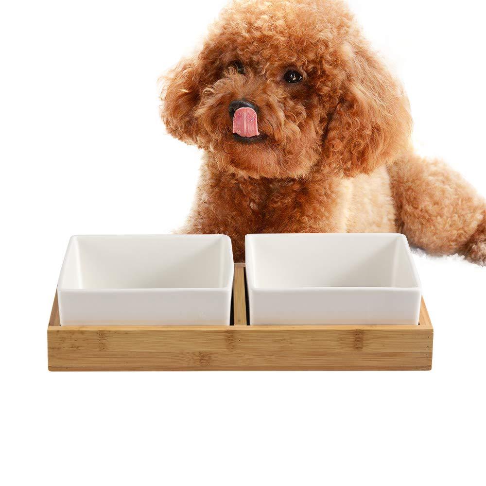 White Ceramic Double Dog Bowls Cat Bowls,Cat Dog Food and Water Bowls with Nature Bamboo Stand,Non-Slip Dog Bowl Set,Wide Cat Dish,Pet Food Bowls Set of 2 for Feeding Large Cats and Small,Medium Dogs White - PawsPlanet Australia