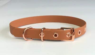 TAN BROWN BIOTHANE ROSE GOLD BUCKLE DOG COLLAR 16"-20" 40CM-50CM 19MM WIDE MEDIUM WATERPROOF HYPOALLERGENIC VEGAN DURABLE - PawsPlanet Australia