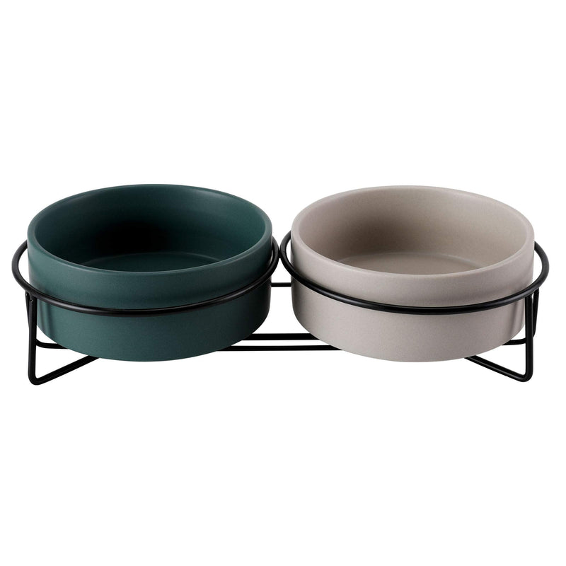PETTOM Raised Cat Bowls Ceramic Double Cat Food and Water Bowl Set with Steel Stands for Cats and Small Dogs - Anti Vomiting, Spine Protection 400ml Grey+Green - PawsPlanet Australia