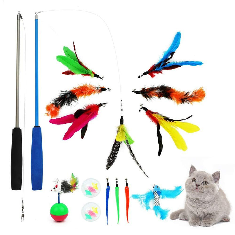 WOVTE 16 Pcs Cat Toys Kitten feather Toys Assorted, Interactive Retractable Cat Teaser Wand with teaser wand, feather teaser, Worm Cat Toy, Blue Flying Fish, balls toy,tumbler mouse - PawsPlanet Australia