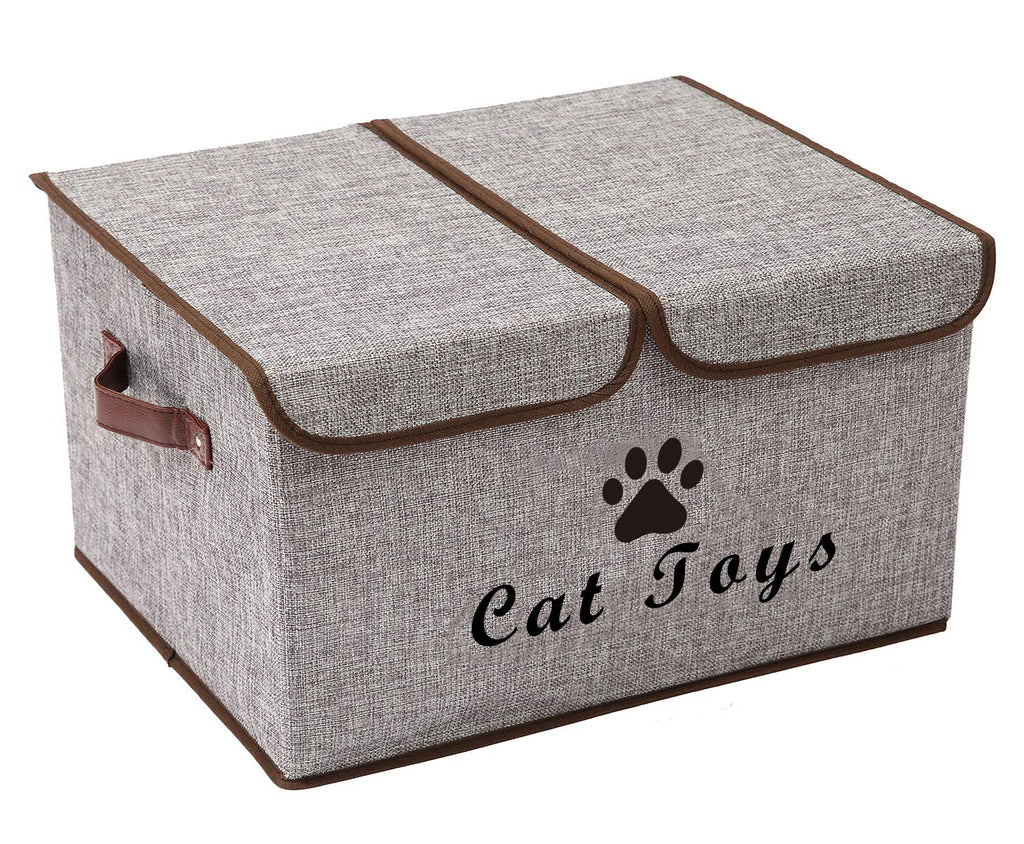 Morezi Large Cat Toys Storage Box Canvas Storage Basket Bin Organizer with Lid - Perfect Collapsible Bin for Organizing Kitty Toys and Accessories - Light Gray - Cat Cat Light Gray - PawsPlanet Australia