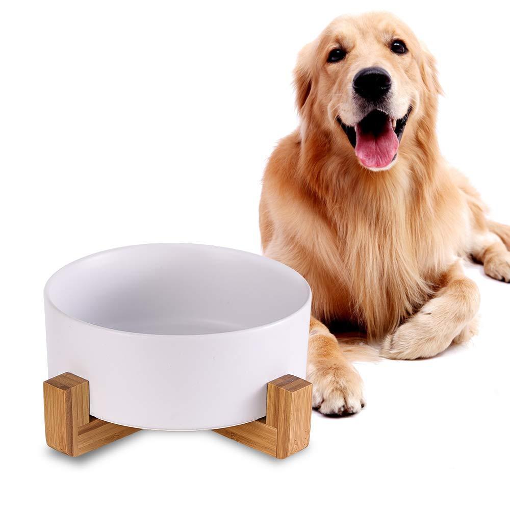 White Ceramic Dog Bowls with Wood Stand, Dog Water Bowls and Food Dish, Heavy Weighted or No Tip Over Dog Comfort Food Bowls, Stoneware Pet Bowl,Extra High Capacity 8.4" Diameter, for Large Dogs White - PawsPlanet Australia