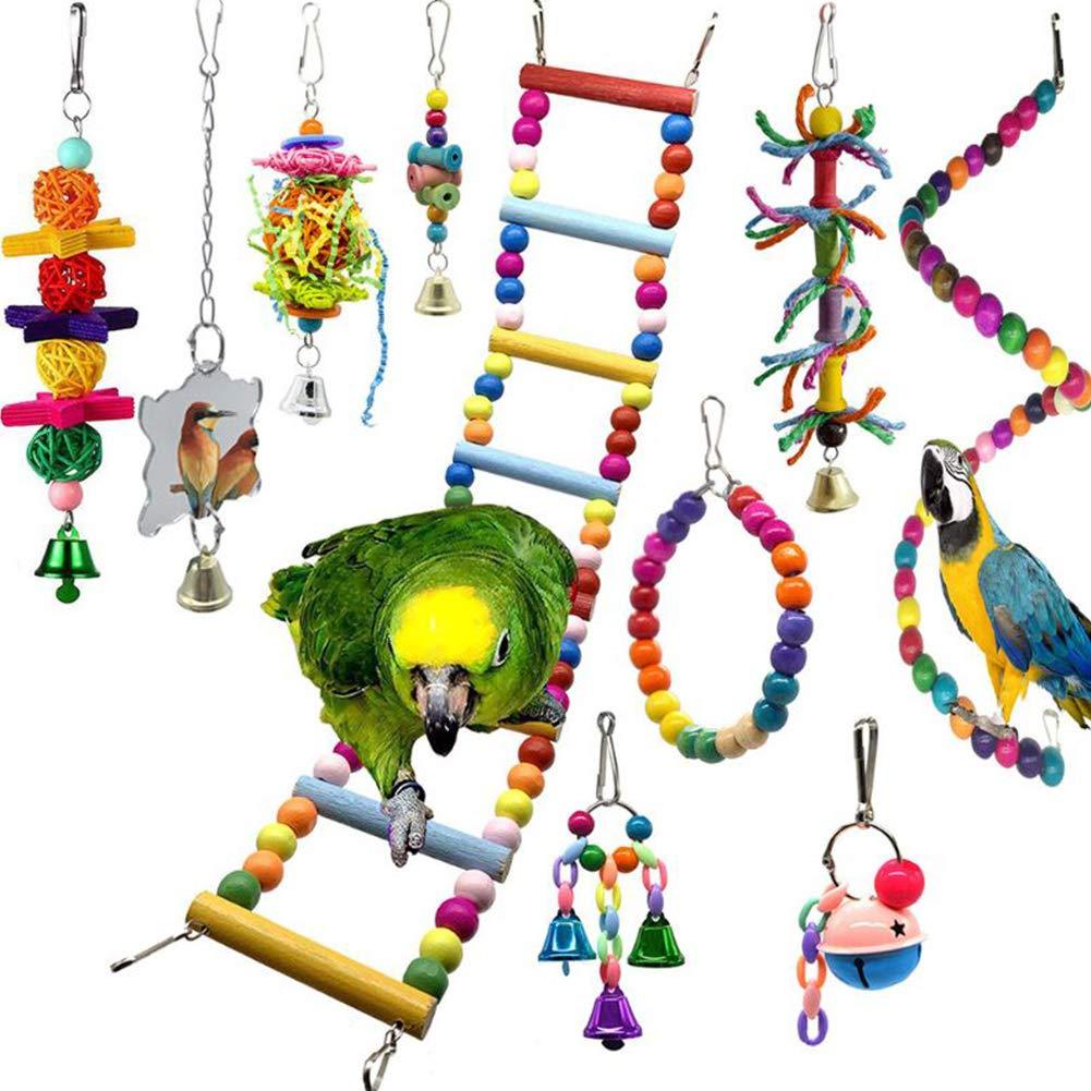 Bird Parrot Toy,10Pcs Bird Swing Toys Bird Chewing Toys Colourful Pet Bird Toys with Wooden Hanging Stand Ladder Cage Hanging Bell Toy Hammock Bird Swing Chewing Toys for Love Birds, Parrots, Macaws - PawsPlanet Australia
