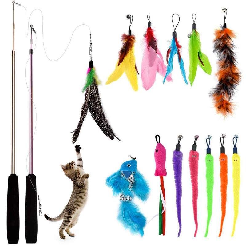 Bojafa Cat Toys Kitten Toys with 2 Retractable Teaser Wand,13 Pcs Feather Refills, Cat Feather Toys for Indoor Cats Kitty Interactive Training b - PawsPlanet Australia