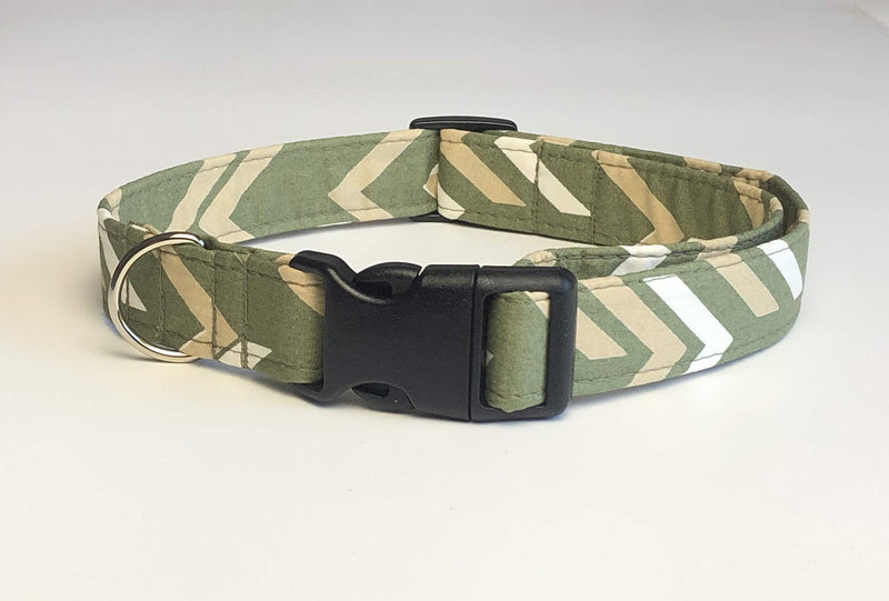 KLASSY K9 SOFT FABRIC COTTON DOG COLLAR KHAKI GREEN WITH RETRO CHEVRON DESIGN FOR LARGE MEDIUM DOG 1" WIDE - PawsPlanet Australia