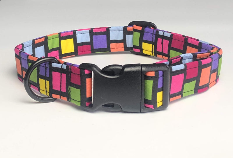 KLASSY K9 SOFT FABRIC COTTON DOG COLLAR WITH MULTI COLOURED HECTIC SQUARES DESIGN FOR LARGE MEDIUM DOG 1" WIDE - PawsPlanet Australia