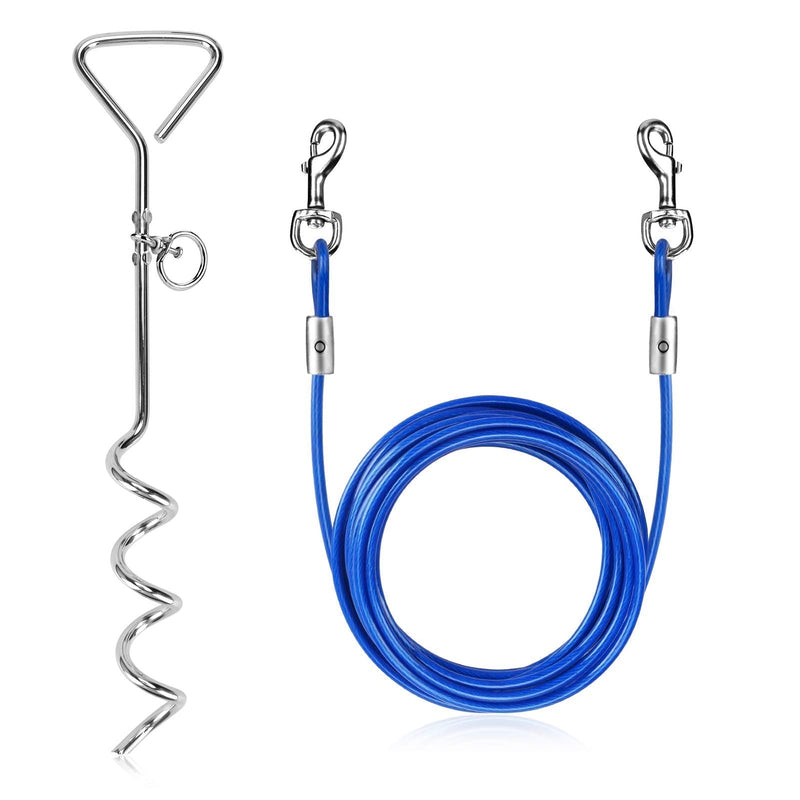 Welltop 16 ft Dog Tie Out Cable with 15" Spiral Ground Stake Spike for Dog Up to 120 lb for Playing, Camping and Backyard in Ground (Blue) Blue - PawsPlanet Australia