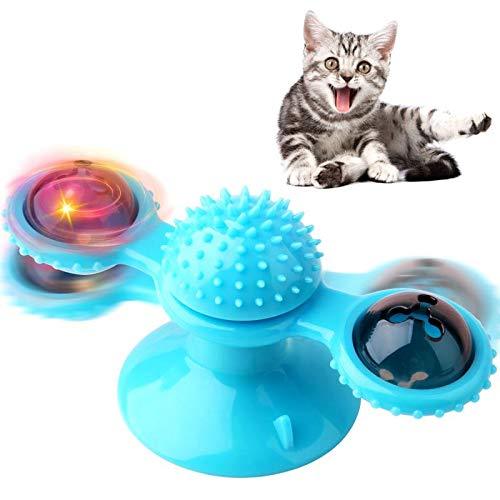 Exboard Windmill Cat Toys, Turntable Interactive Cat Toy with Suction Cup Brush for Cat Tooth Cleaning Scratching,Wall Mount Cat Spinner with Rotatable Toy ball (Blue) - PawsPlanet Australia
