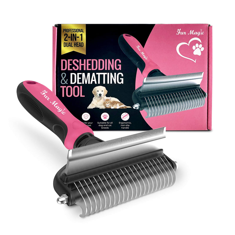 Fur Magic Deshedding and Dematting Tool, 2 Sided Pet Grooming Brush for Deshedding, Mats and Tangles Removing for Dogs and Cats with Long, Medium and Short Hair, Large Size Pink Large Pink - PawsPlanet Australia