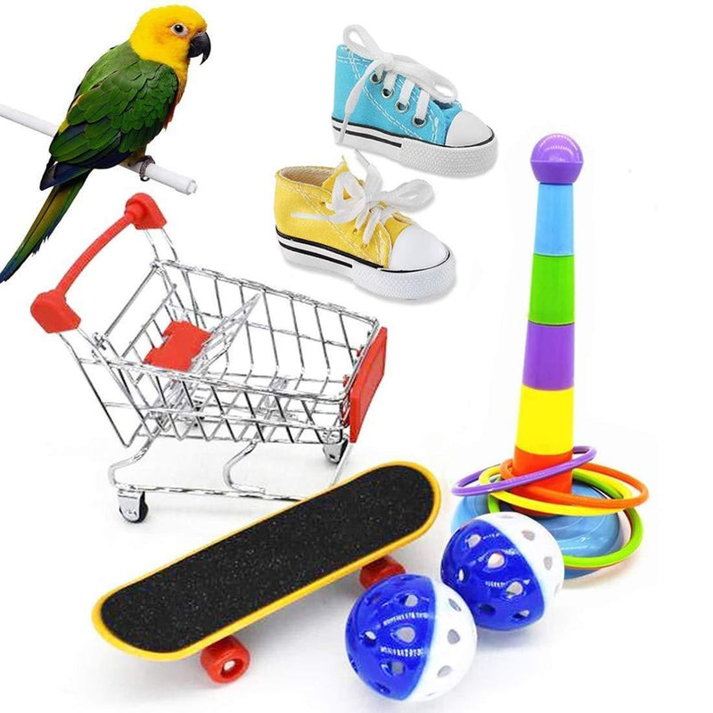 Parrot Toys 7PCS, Mini Shopping Cart - Training Rings - Skateboard, Shoes and Ball - Parrot Playing Standing Training Toys to Keep Healthy for Budgie Parakeet Cockatiel Bird Toy Part (Color random) - PawsPlanet Australia