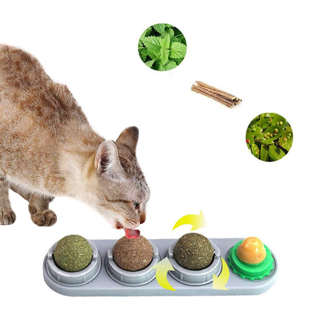 PeSandy Catnip Wall Ball, Rotatable Cat Snack Ball Toy Contains Catnip/Sugar Lick/Gall Nut/Silvervine, 4 in 1Self-Adhesive Edible Catnip Toys for Cats Cleaning Teeth and Protecting The Stomach Grey - PawsPlanet Australia