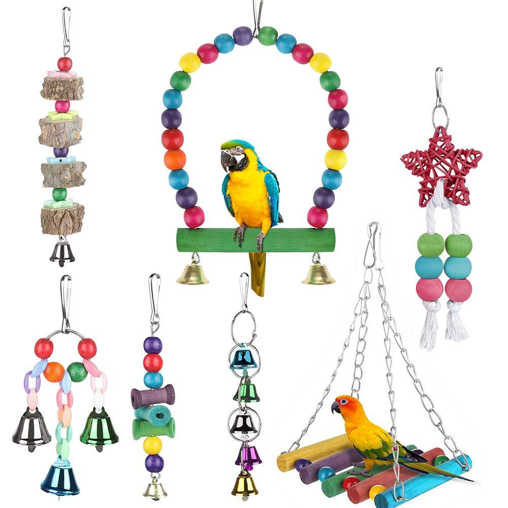 FOXNSK 7 Pack Birds Parrot Toys, Hanging Bell Birds Cage Toys Suitable for Small Parakeets, Cockatiel, Conures, Finches, Budgie, Macaws, Parrots, Love Birds 7 Packs - PawsPlanet Australia