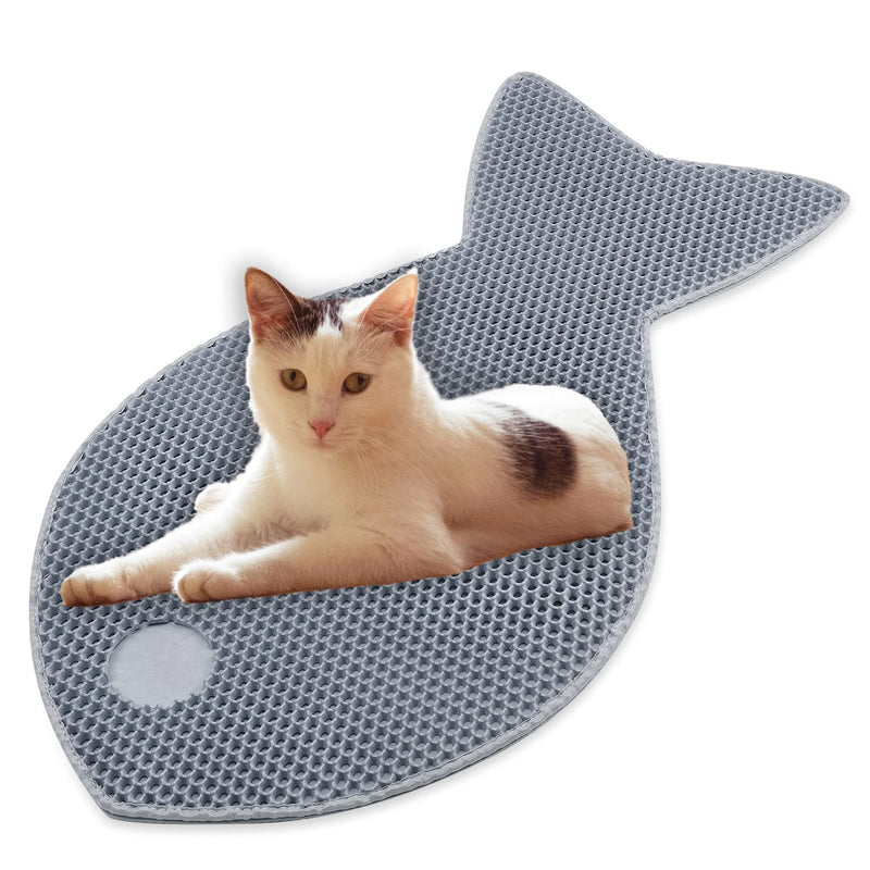 Ikerall Cat Litter Mat Trapper Size 35” X 19”, Kitty Litter Trapping Mess Mat,Honeycomb Double Layer Mats with Head and Tail Opening Design, XXLarge Size Fish -Shaped Rug Grey - PawsPlanet Australia