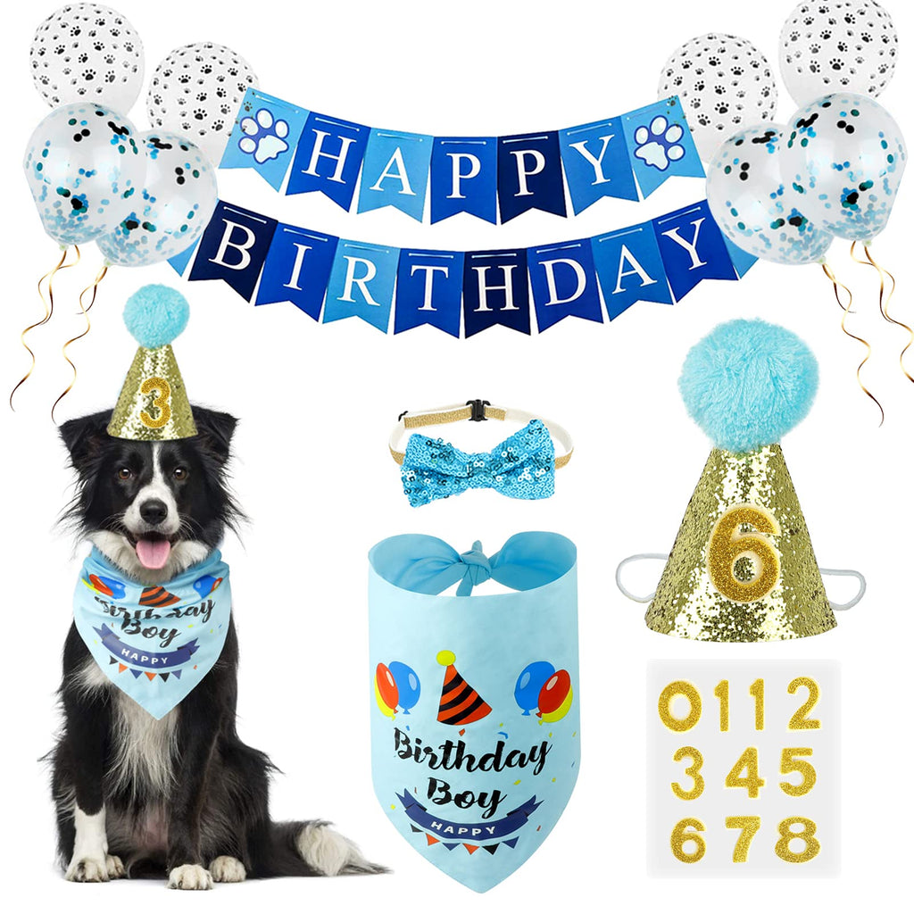 VIPITH Dog Birthday Party Supplies with Dog Birthday Bandana, Cute Happy Birthday Banner Hat Balloons for Pet Puppy Cat First Birthday Decorations (Blue/Boy) - PawsPlanet Australia