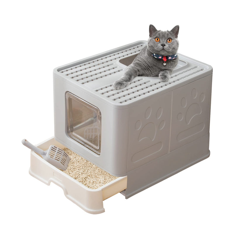 Suhaco Foldable Cat Litter Box with Lid, Large Enclosed Cat Litter Boxes, Top Entry Cat Potty, Easy to Clean Anti-Splashing Litter Pan Including Litter Scoop (Grey) Grey - PawsPlanet Australia