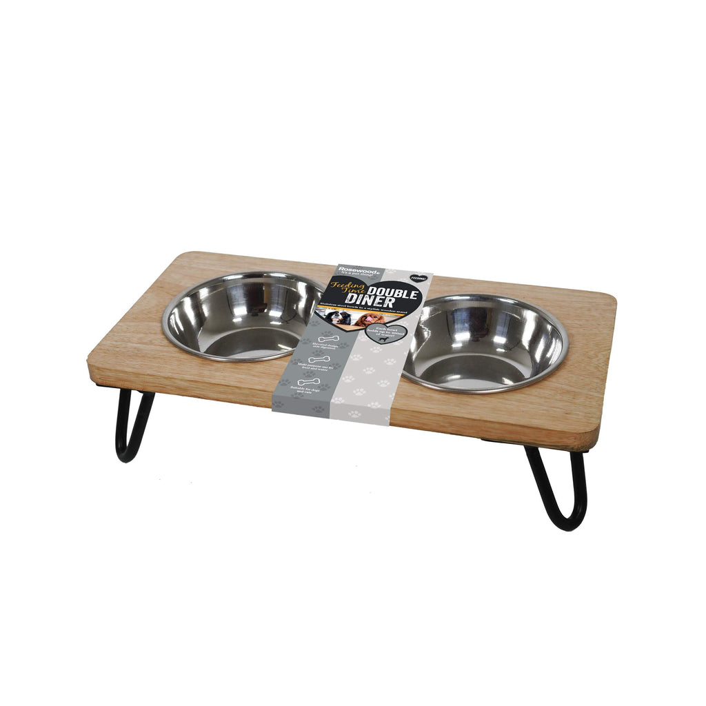 Rosewood Raised dog bowl for small and medium dogs and cats with a sturdy elevated stand and two stainless steel water and food bowls, Medium - PawsPlanet Australia