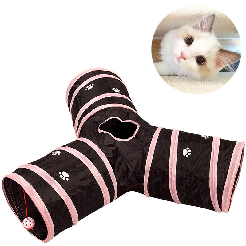 Way Cat Tunnel Play Toy - Y-shaped three-way tunnel tube, foldable, nozzle diameter 25 cm, pink + black, suitable for cats, puppies, rabbits and other small animals, easy to store. - PawsPlanet Australia