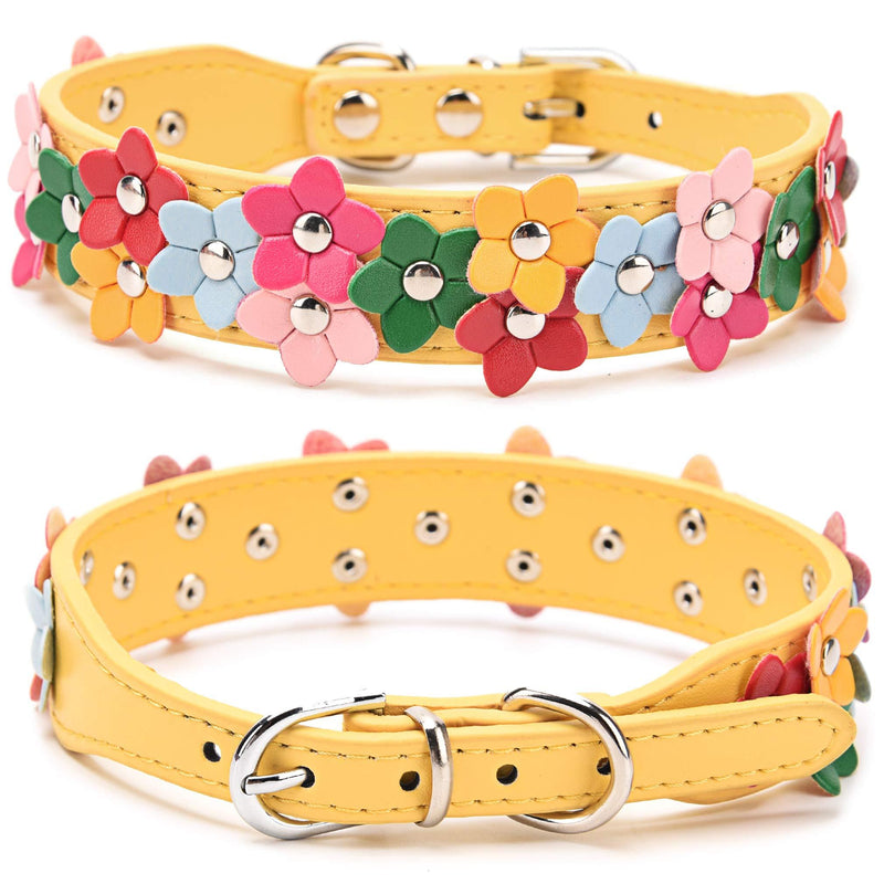 Dog Leather PU Collar,Flower Dogs Collars,Adjustable Buckle Puppy Choker for Small and Medium Pets,Multiple Colours Yellow S - PawsPlanet Australia