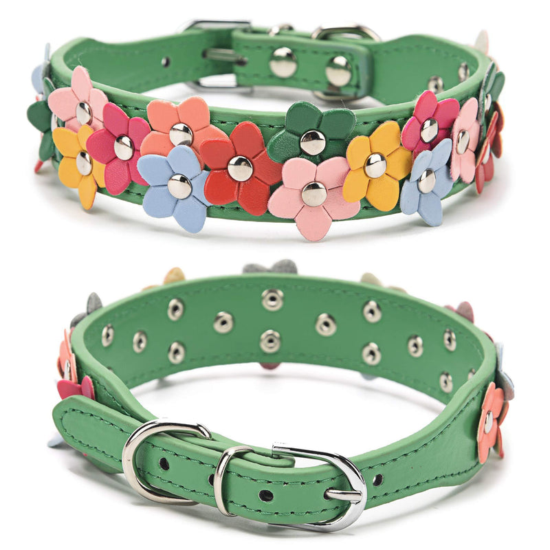 Dog Leather Collar, Flower Studded Puppy Collars, Premium PU Adjustable Buckle Pet Neck Strap Choker for Small and Medium Dogs, Multiple Colours, Green M - PawsPlanet Australia