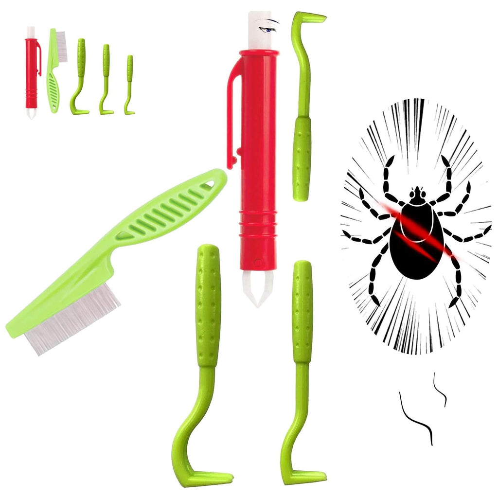 Tick Removal Twister Tool Set（5PCS）, Flea Remover Tick Remover for Dogs Cats Horses Pets Human, 5 Pcs Tick Remover Kit with Set of 3 Tick Hook, 1 Tick Removal Pen and 1 Tick Comb (Green) Green - PawsPlanet Australia