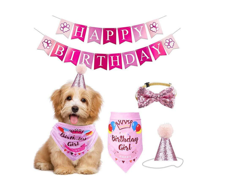 YUIP Pet happy Birthday Decoration Set Dog Happy Birthday Adorable Hat Banner Cute Neckerchief Ties Puppy Birthday Decorated Pet Cupcake Topper (Pink) - PawsPlanet Australia