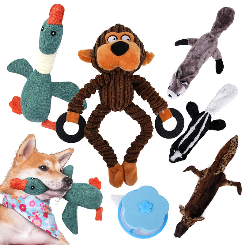MyfatBOSS 5 Pack Durable Dog Plush Toys, 3 No Stuffing Dog Toys and 2 Plush Toys with Stuffing, Various Animal Shapes Training Toy for Small Medium Large Dog(Including a Pet Hair Remover for Laundry) - PawsPlanet Australia
