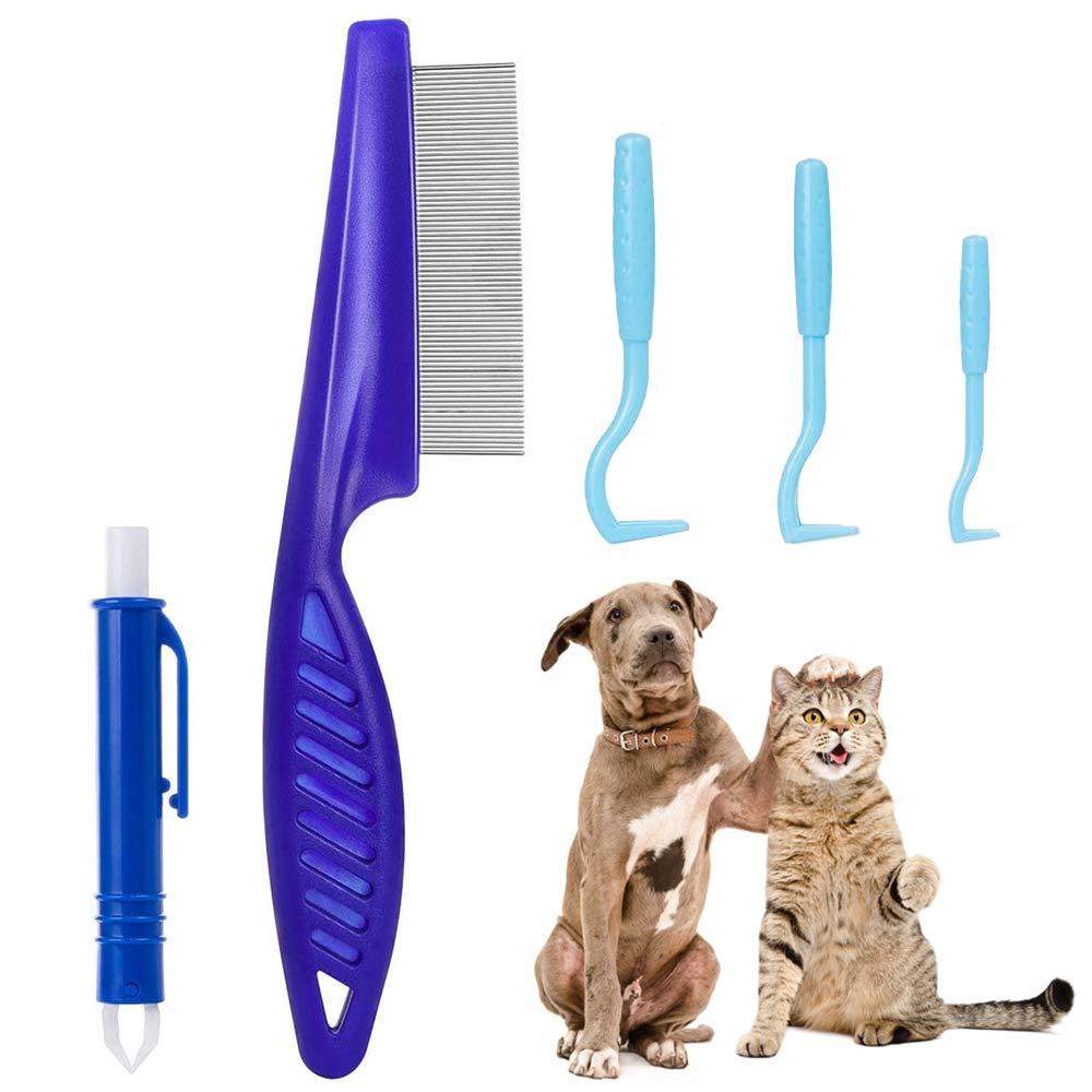 Banydoll Tick Removal Tool Set, 5 Pcs Professional Tick Remover Kit with 3 Tick Hooks, 1 Tick Removal Pen & 1 Lice Comb for Dogs/Cats/Horses/Humans blue - PawsPlanet Australia