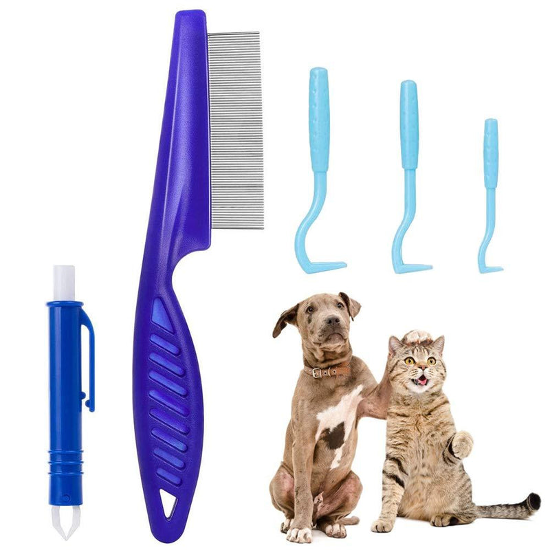 Banydoll Tick Removal Tool Set, 5 Pcs Professional Tick Remover Kit with 3 Tick Hooks, 1 Tick Removal Pen & 1 Lice Comb for Dogs/Cats/Horses/Humans blue - PawsPlanet Australia
