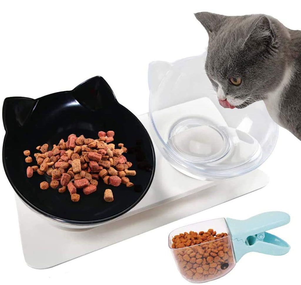 Wuudi Cat Feeding Bowl Cat Food 15° Inclined Creative Non-Slip Base Double Bowl Dog Bowl Cat Bowl for Food Water + Light Blue Duck Bill Pet Spoon Black + transparent - PawsPlanet Australia