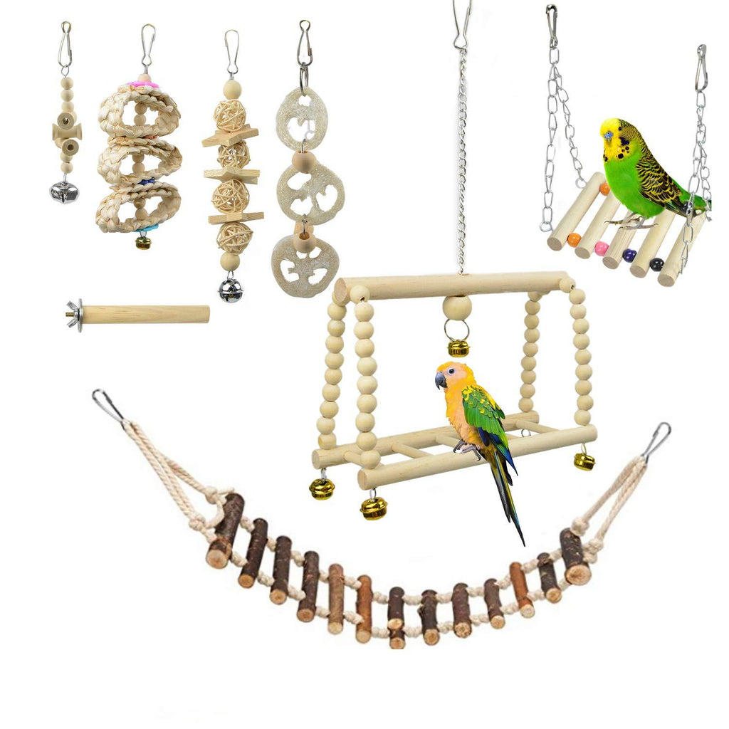 aleawol 8 Pcs Bird Cage Toys Parrot Toys Parrot Chewing Toys Parrot Swing Perch Natural Wood Hanging Swing Bridge Ladders Ball Bell Bird Toys for Budgie Cockatiel Finches Parakeets Macaws Love Birds Multi Multi-colored-1 - PawsPlanet Australia