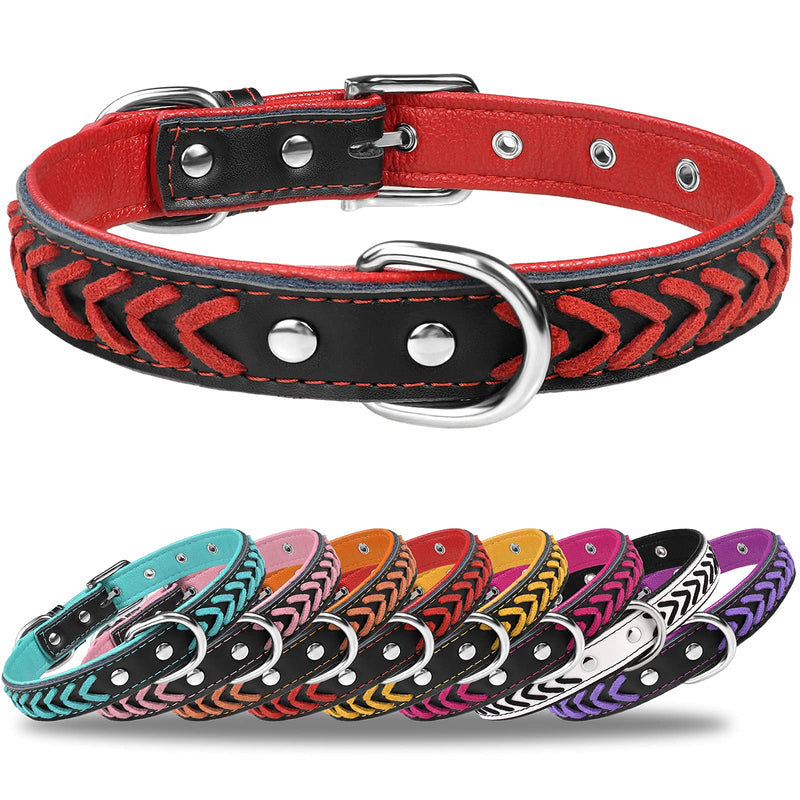 TagME Leather Dog Collar for Medium Dogs, Braided Soft Padded Dog Collars with Double D-Rings, Red M M (30-39 cm) - PawsPlanet Australia