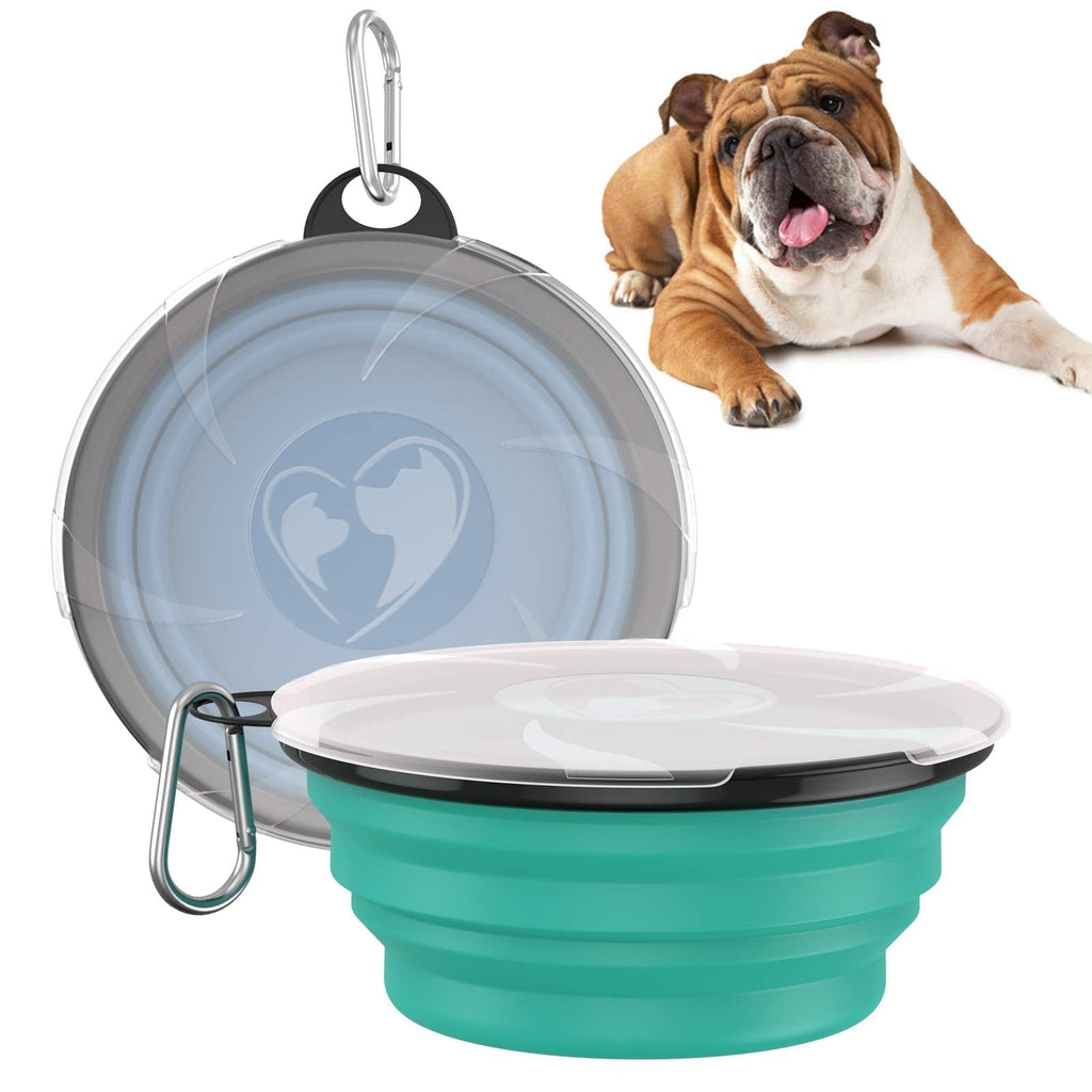 VavoPaw Collapsible Dog Bowl, 2-Pack 1000ML Silicone Feeding Watering Travel Bowl for Dog & Cat with Lids, Portable Pet Food Feeder Water Bowl for Travel Camping Walking, Lake Blue+Turquoise Green 1 l (Pack of 1) - PawsPlanet Australia