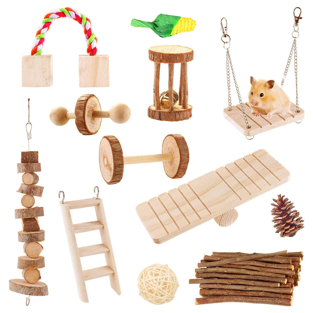 O'woda 12 Pack Hamster Chew Toys, Soft Natural Wood Small Pet Play Toys Set, Swing Seesaw Dumbbells Exercise Bell Roller, Teeth Care Molar Toy for Guinea Pig Chinchilla Hamster Bunny Gerbil Rat - PawsPlanet Australia