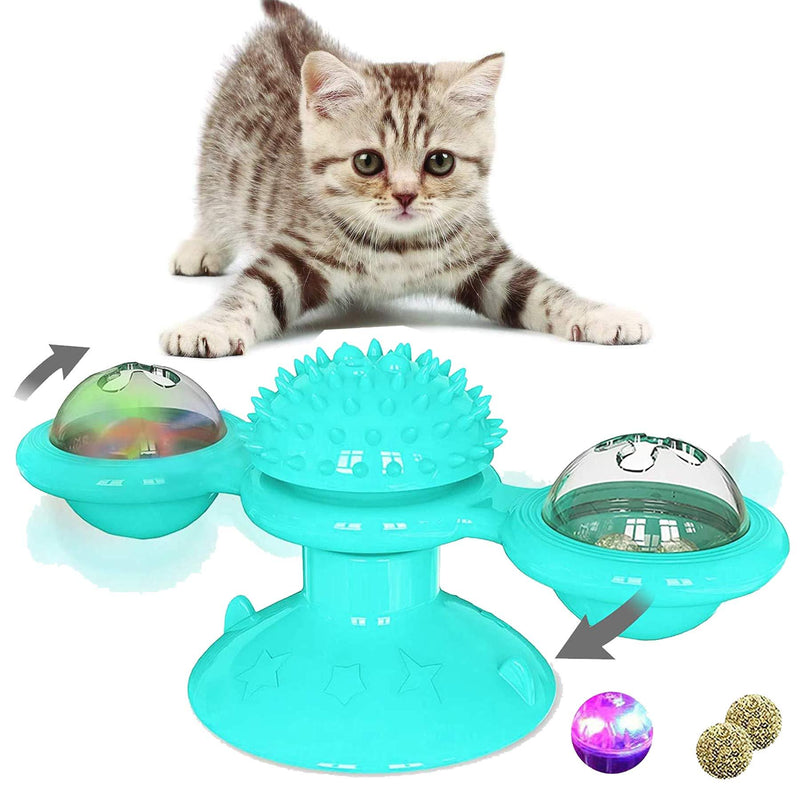 FURUISEN Windmill Cat Toys, Turntable Interactive Cat Toy with Suction Cup Brush for Cat Tooth Cleaning Scratching,Wall Mount Cat Spinner with Rotatable Toy ball Turquoise Blue - PawsPlanet Australia