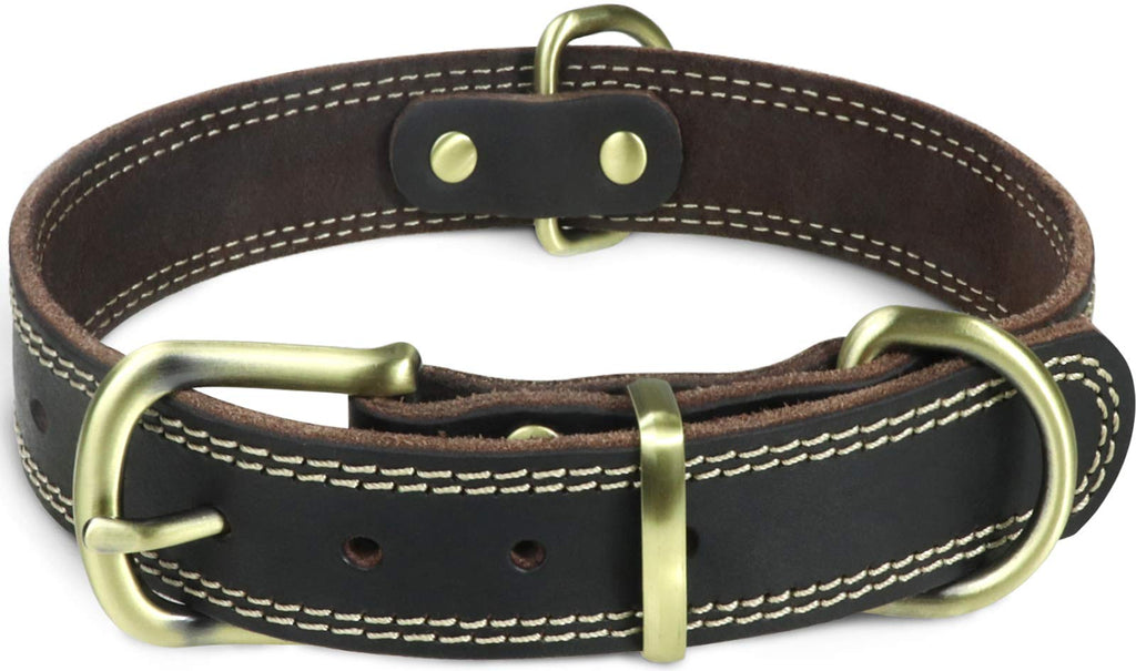 Taglory Leather Dog Collar for Adult Large and Jumbo Dogs, Full Grain Genuine Leather with 2 D Rings for Dog ID Tag and Lead Attach,Brown 3x50-60cm Dark Brown - PawsPlanet Australia