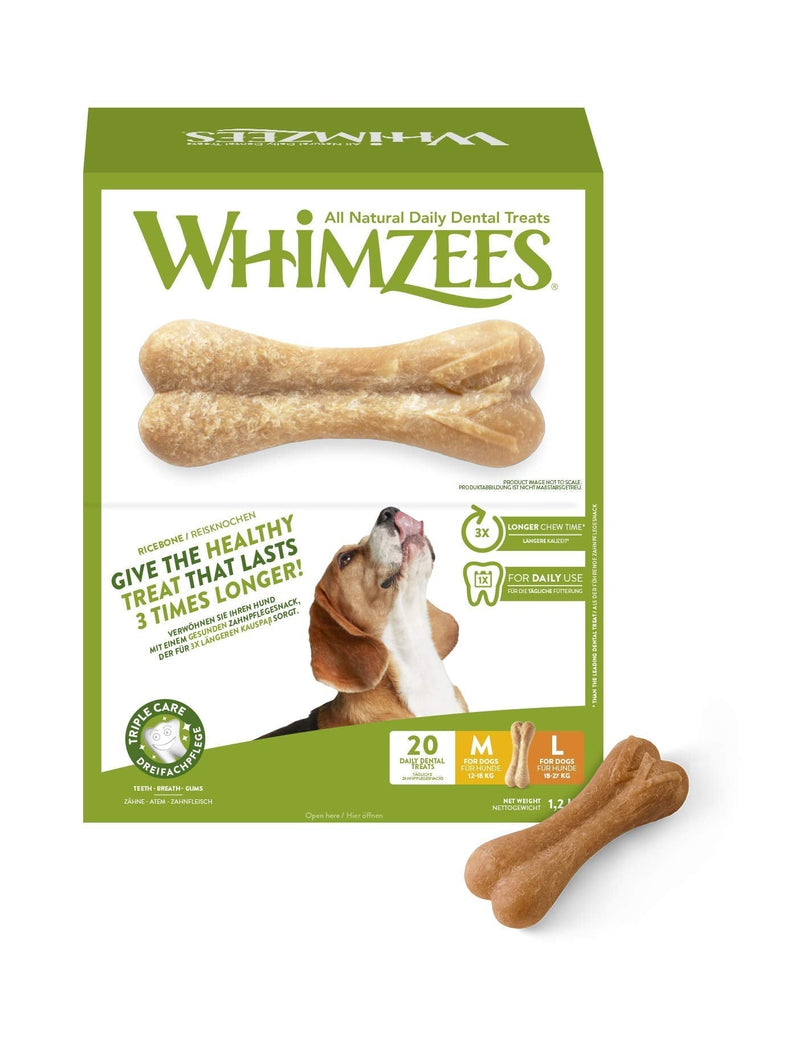 Whimzees Natural Dental Dog Chews Long lasting, Rice Bone White , Medium, Large - M/L Breed - 20 Pieces Box - 20 pieces Adult M/L - Dogs 12-27kg - PawsPlanet Australia