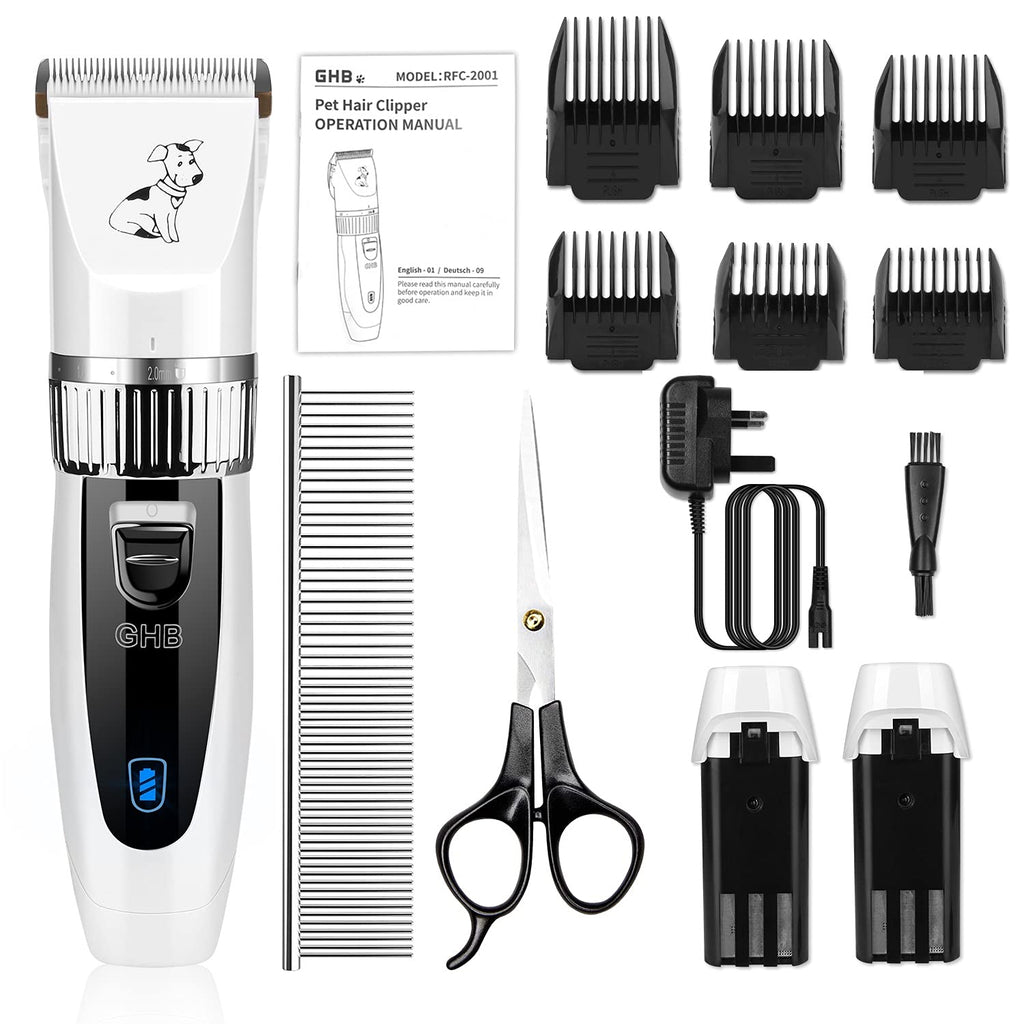 GHB Electric Dog Hair Clipper Cordless Pet Grooming Kit Low Noise with Steel Comb Scissor 2 Rechargeable Batteries 6 Guide Combs White - PawsPlanet Australia